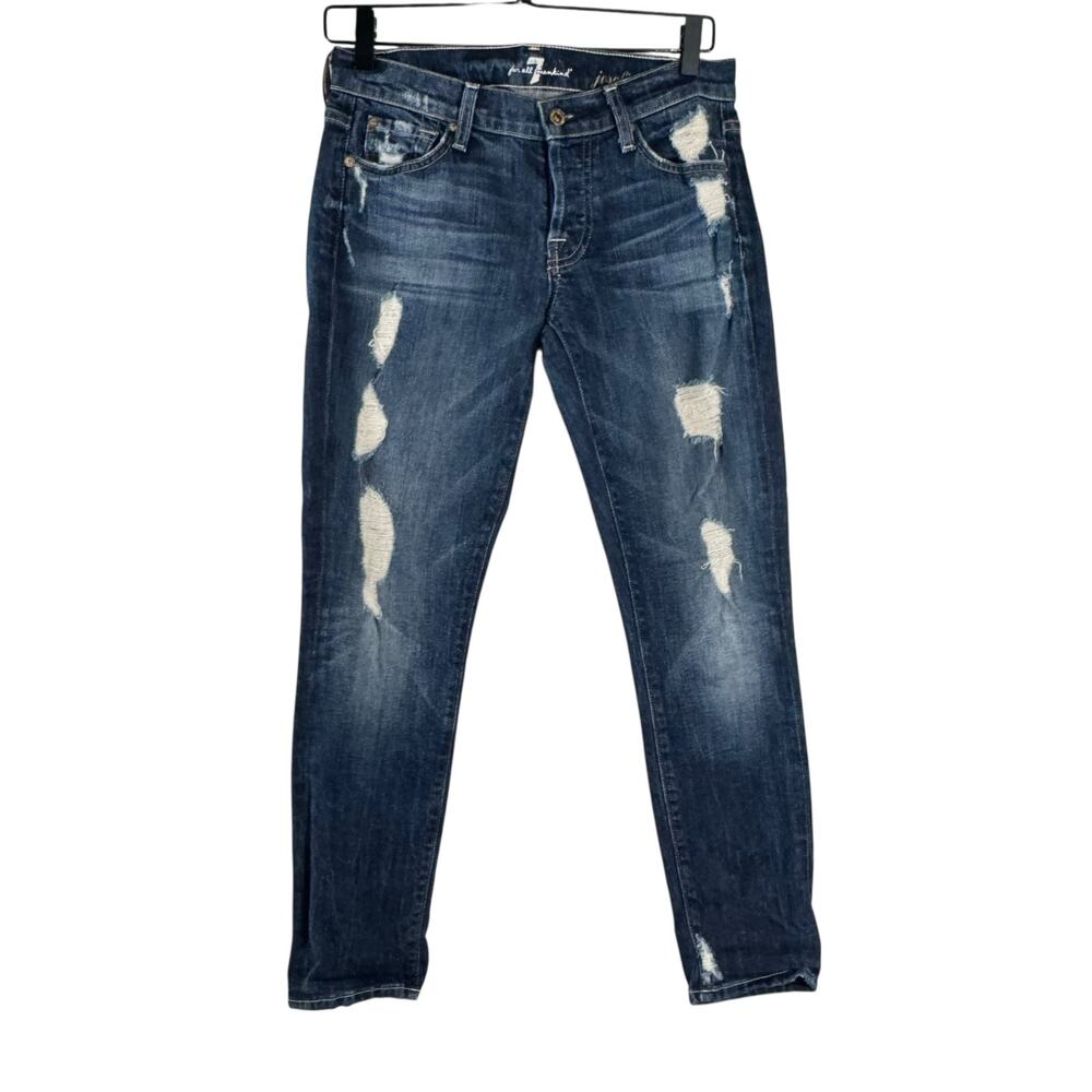 7 For All Mankind Josefina Skinny Boyfriend Jeans Distressed Medium Wash Blue 24